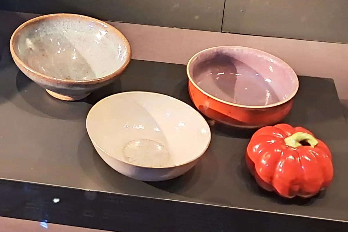 Picture of different antique bowls in a museum display.