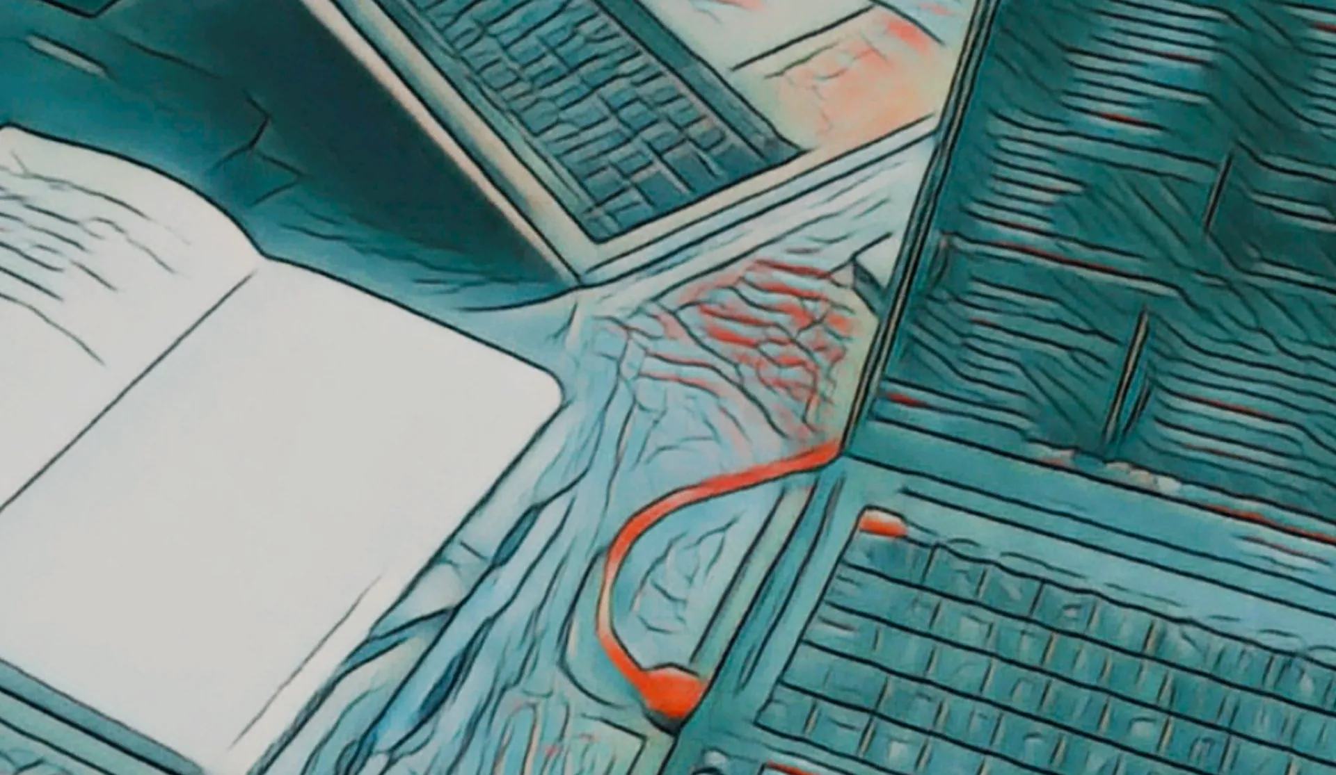 Stylized image of laptops, notebook, charging wire, the typical mess found on a school table.